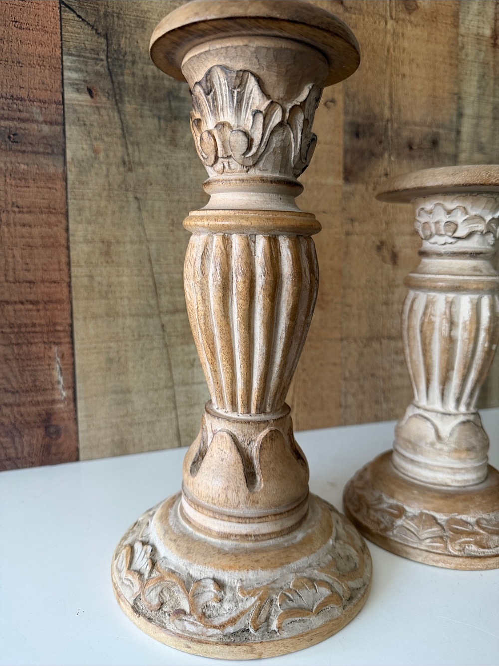 Decorative Carved Wood Candlestick Pair - Natural Cream/Tan Finish - Picture 10 of 10